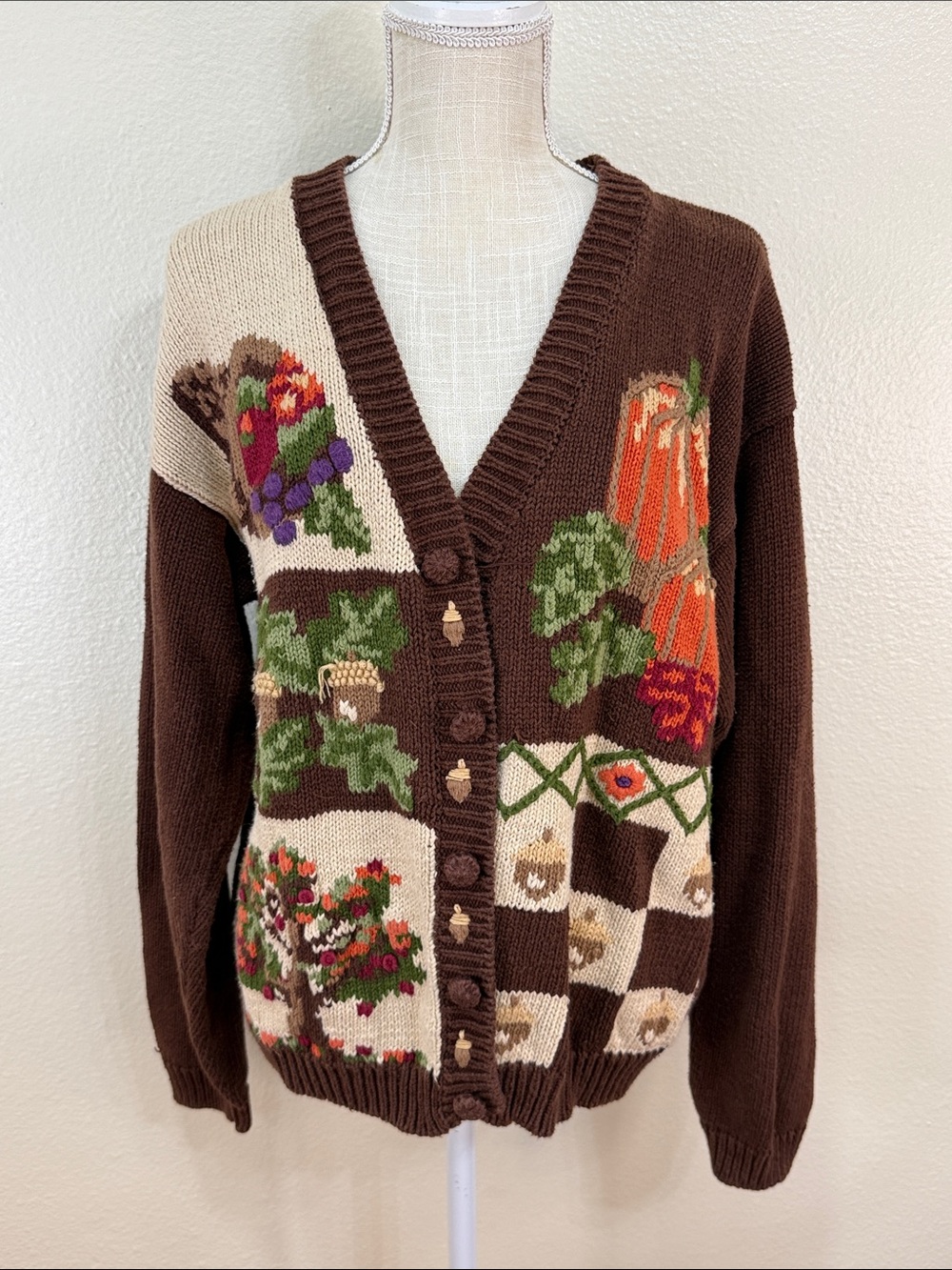Vintage Alexandra Bartlett Cardigan Sweater Women's XL Brown Ramie Knit Fall